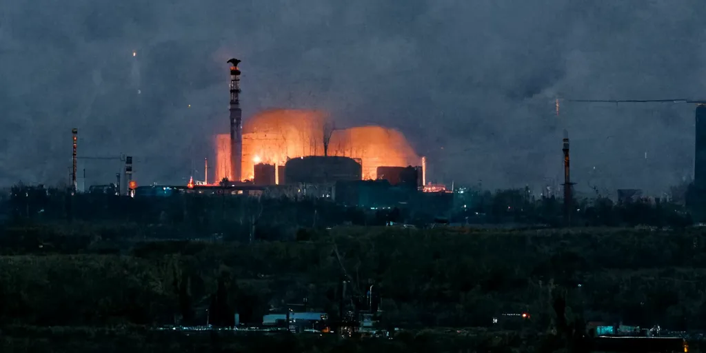 This image is cropped from one generated by Midjourney from "Ukraine says that the Zaporizhzhia Nuclear Power Plant has been completely disconnected from its power grid after shelling near the Russian-occupied plant caused several fires."