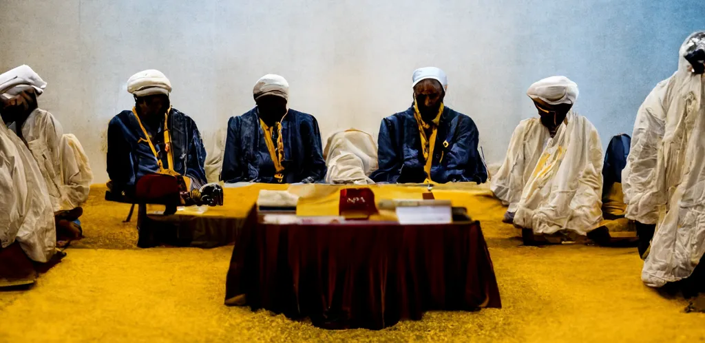 This image is cropped from one generated by Midjourney from "The government of Chad and more than 30 rebel and opposition factions sign a peace agreement at talks in Doha, Qatar."