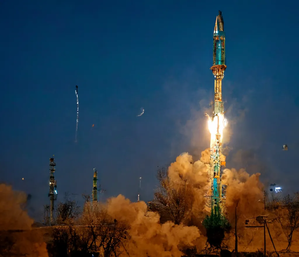 This image is cropped from one generated by Midjourney from "Roscosmos launches the Iranian Space Agency's Earth observation satellite Khayyam from the Baikonur Cosmodrome in Kazakhstan."