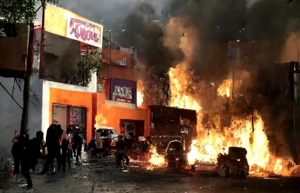 This image is cropped from one generated by Midjourney from "Cartel gunmen in Mexico burn down dozens of stores and block streets with burning cars in the states of Jalisco and Guanajuato in response to arrests of cartel figures by the Federal Police."