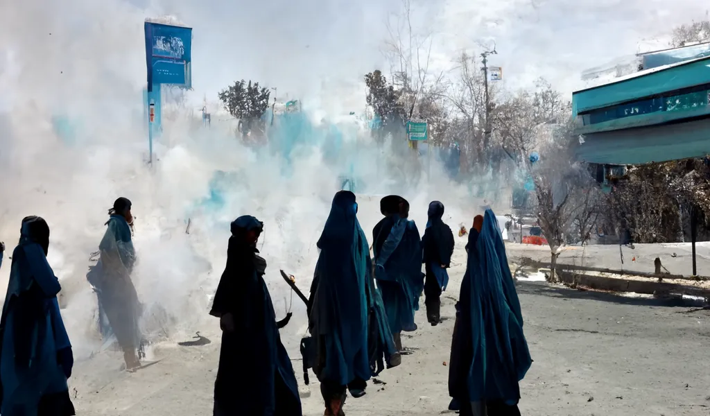 This image is cropped from one generated by Midjourney from "The Taliban violently disperse a demonstration by women's rights activists who were marching to the education ministry in Kabul to demand broader rights, by chasing and beating women and firing gunshots into the air."