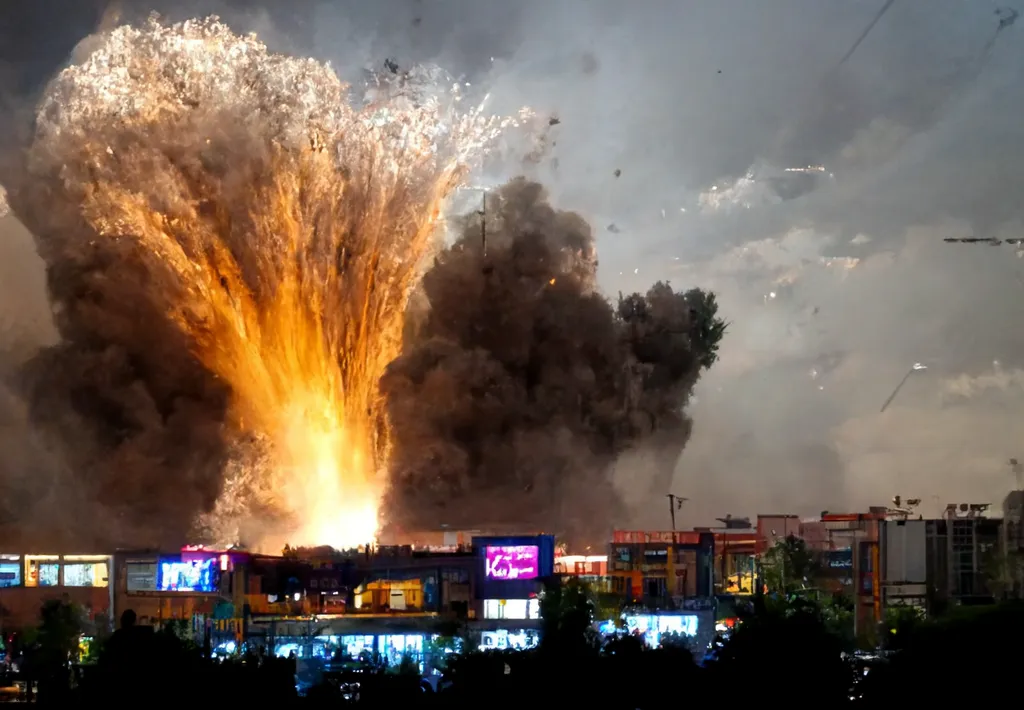 This image is cropped from one generated by Midjourney from "an explosion at a fireworks storage area of a mall in Yerevan, Armenia".