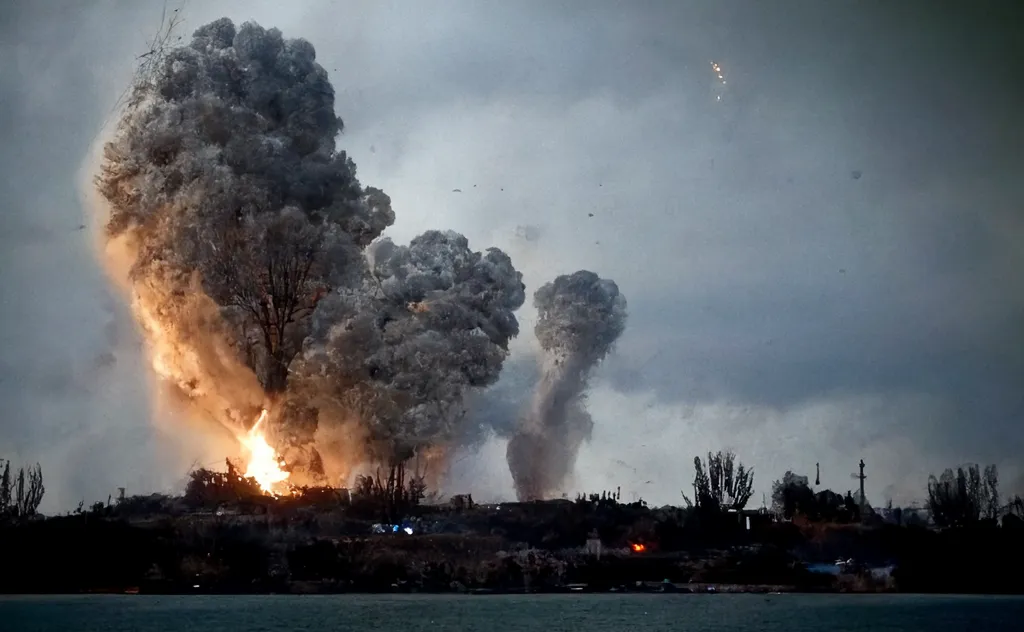 This image is cropped from one generated by Midjourney from "An explosion occurs at an ammunition depot in northern Crimea, forcing the evacuation of civilians."