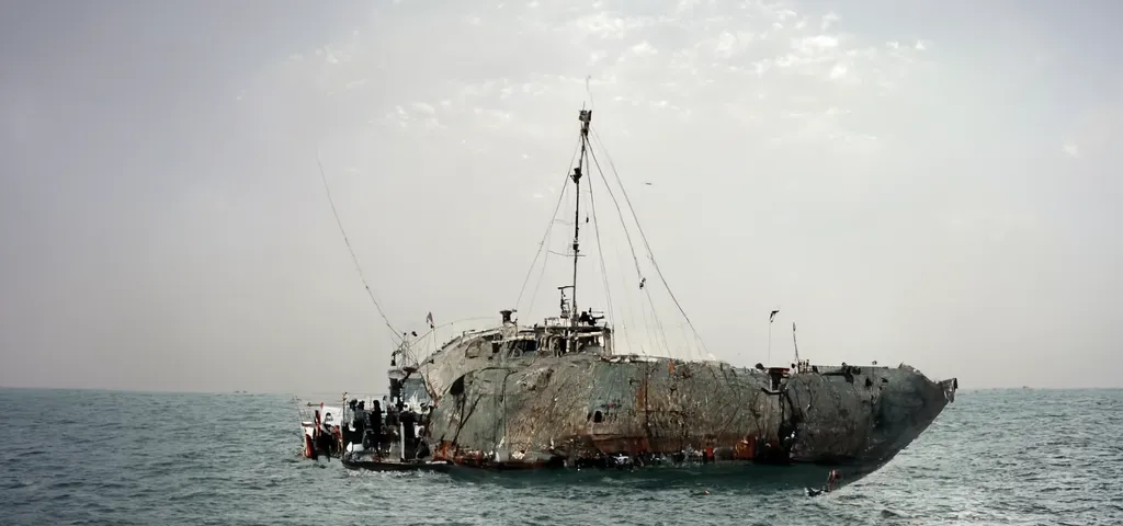 This image is cropped from one generated by Midjourney from "Iran captures an American unmanned ship before releasing it."